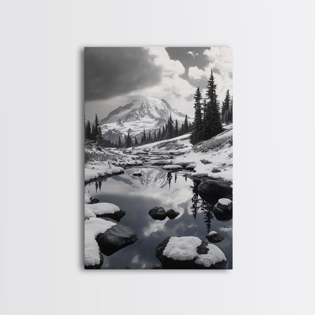 Snowy Mountain, Winter Landscape, Reflection Lake, Canvas Print, Black and White Nature Art, Cabin Wall Art, Adventure Photography