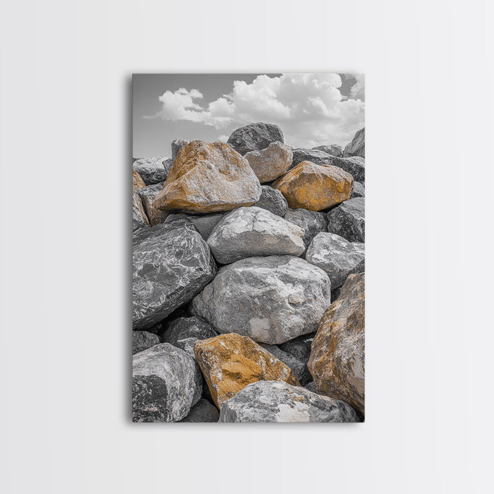Golden Boulders, Earthy Texture, Nature Stones, Framed Canvas Print, Industrial Office Wall Art, Minimalist Landscape, Rock Photography
