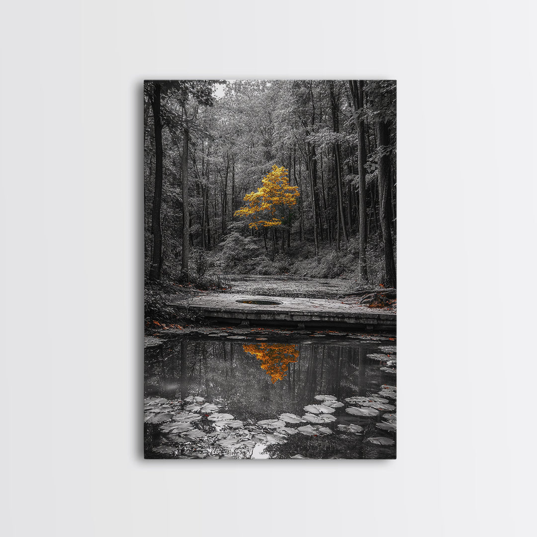 Lone Yellow Tree, Tranquil Pond, Forest Reflection, Canvas Print, Fall Nature Wall Art, Autumn Minimalist Decor, Peaceful Meditation Room