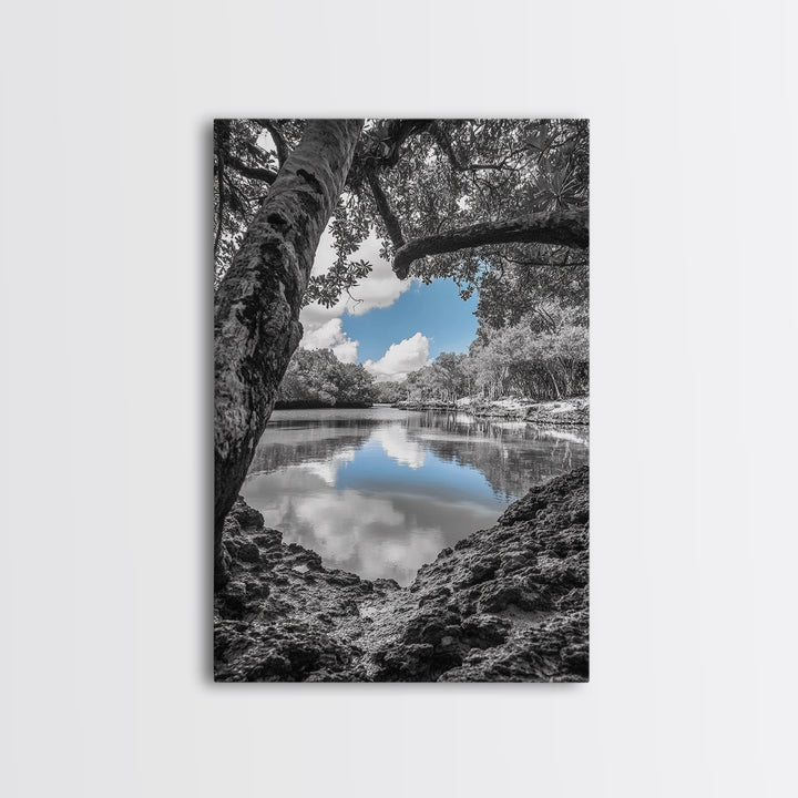 Blue Sky River, Tropical Trees, Natural Tranquility, Framed Canvas Print, Relaxing Bedroom Wall Art, Coastal Nature, Serene Landscape Decor