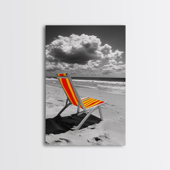 Beach Chair Alone, Tropical Vibes, Color Pop Seaside, Framed Canvas Print, Coastal Wall Art, Summer Decor, Relaxation Room Art