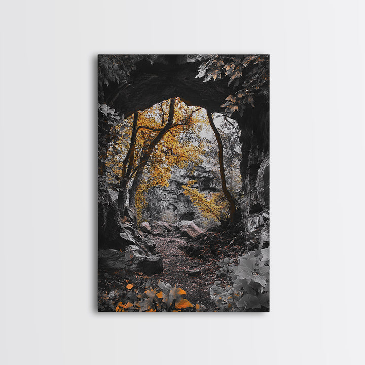 Autumn Trail, Yellow Foliage, Forest Pathway, Framed Canvas Print, Fall Wall Art, Warm Earth Tones, Rustic Entryway Decor, Woodland Scene