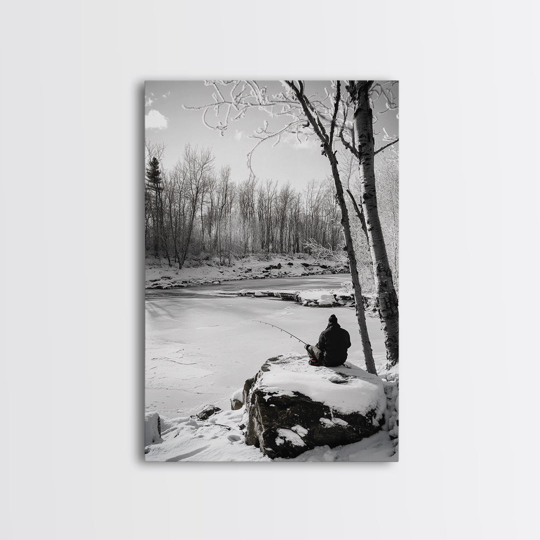 Winter Fishing, Snowy River, Peaceful Solitude, Canvas Print, Cabin Wall Art, Rustic Outdoor Decor, Black White Nature Photography