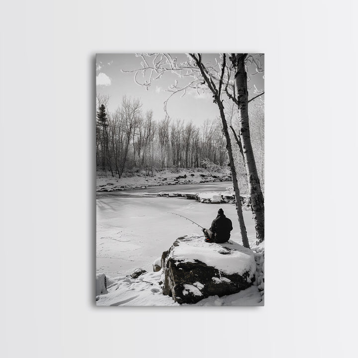 Winter Fishing, Snowy River, Peaceful Solitude, Canvas Print, Cabin Wall Art, Rustic Outdoor Decor, Black White Nature Photography