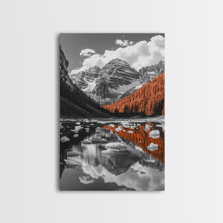 Mountain Reflections, Autumn Pines, Glacial Water Scene, Framed Canvas Print, Fall Landscape Wall Art, Nature Lover Home Decor