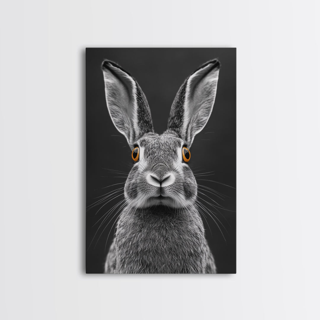 Wide Eyed Rabbit, Animal Portrait, Monochrome Humor, Framed Canvas Print, Nursery Wall Art, Whimsical Minimalist Decor, Funny Gift
