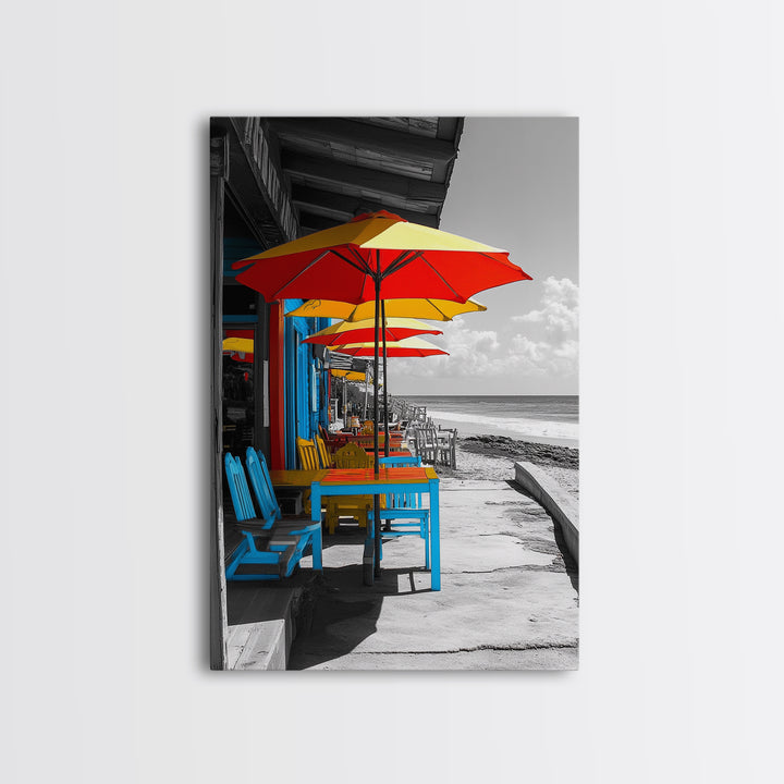 Seaside Café, Colorful Tables, Ocean Dining, Framed Canvas Print, Tropical Wall Art, Kitchen Decor, Bright Coastal Boho Style