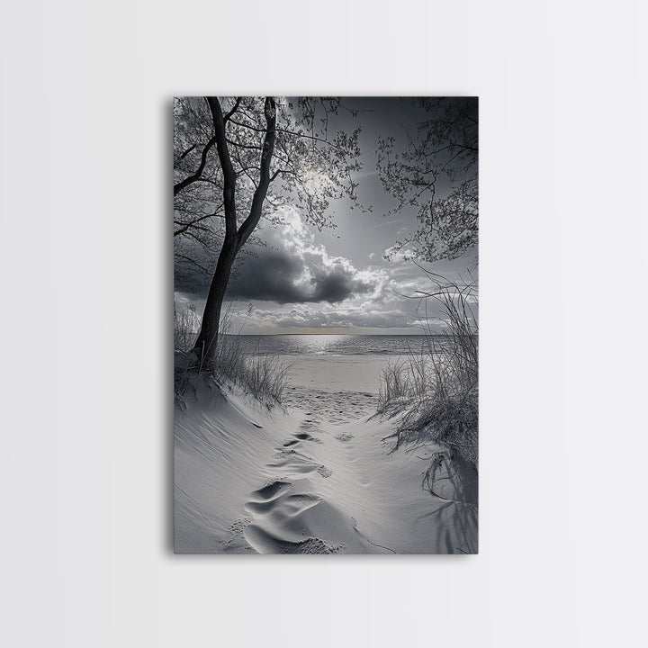 Beach Dunes Sunset, Seaside Escape, Quiet Shore Path, Coastal Calm, Framed Canvas Print, neutral coastal art,  bathroom wall decor