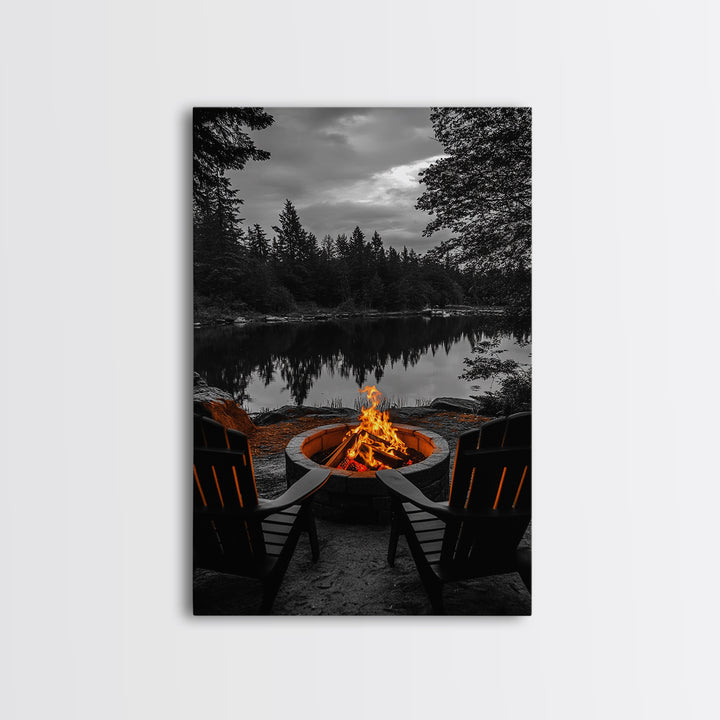Campfire Chairs Lake, Autumn Firepit Scene, Rustic Retreat, Cabin Escape, Framed Canvas Print, cozy wall art, man cave cabin decor