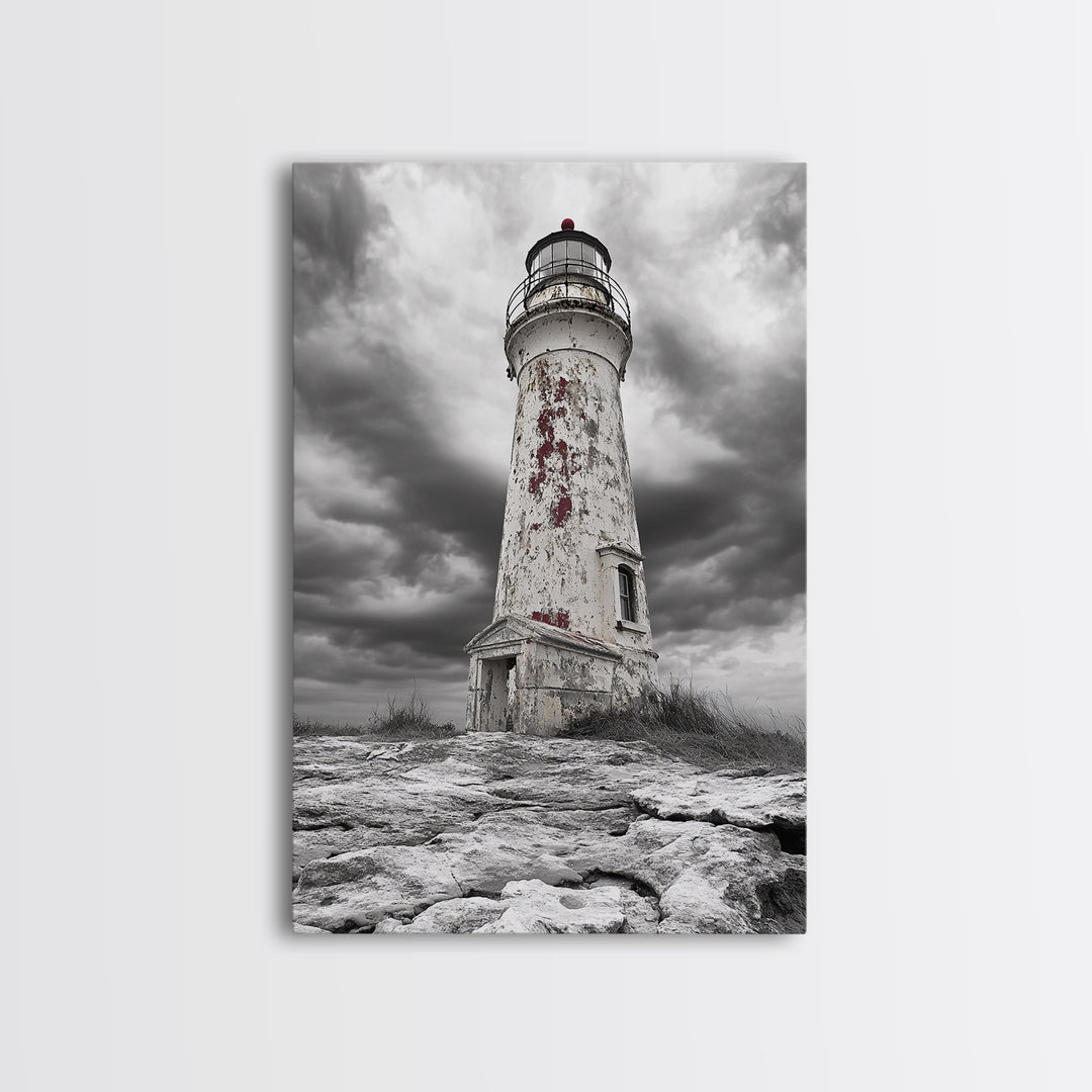 Rustic Lighthouse Shore, Weathered Tower Art, Stormy Coast Scene, Moody Seaside, Framed Canvas Print, nautical bathroom or den wall decor