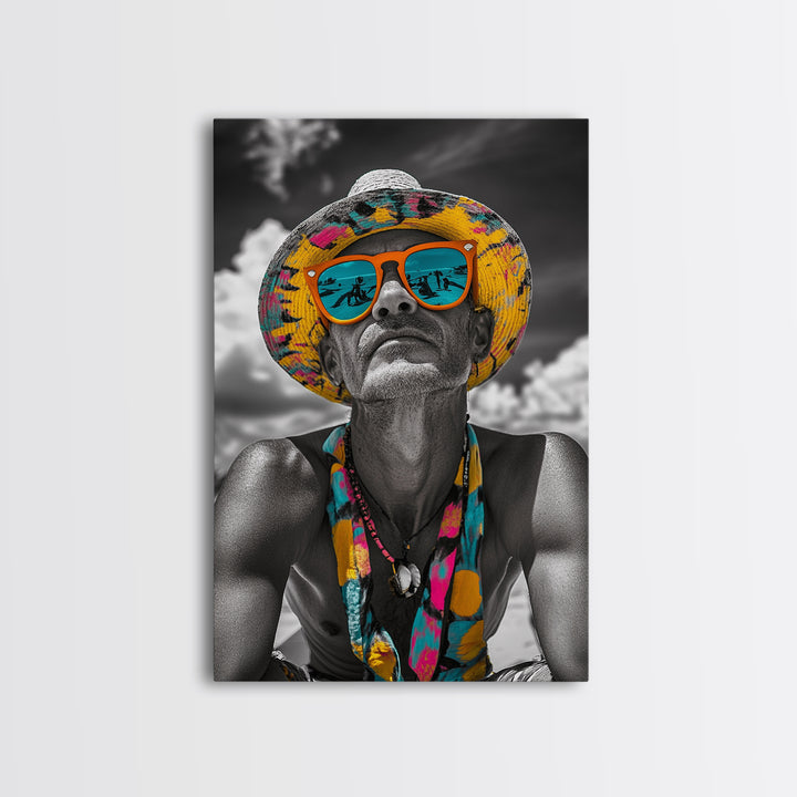 Beach Guy Portrait, Summer Sunglasses, Boho Vibe, Framed Canvas Print, Surf Shack Decor, Eclectic Wall Art, Travel Inspired Design