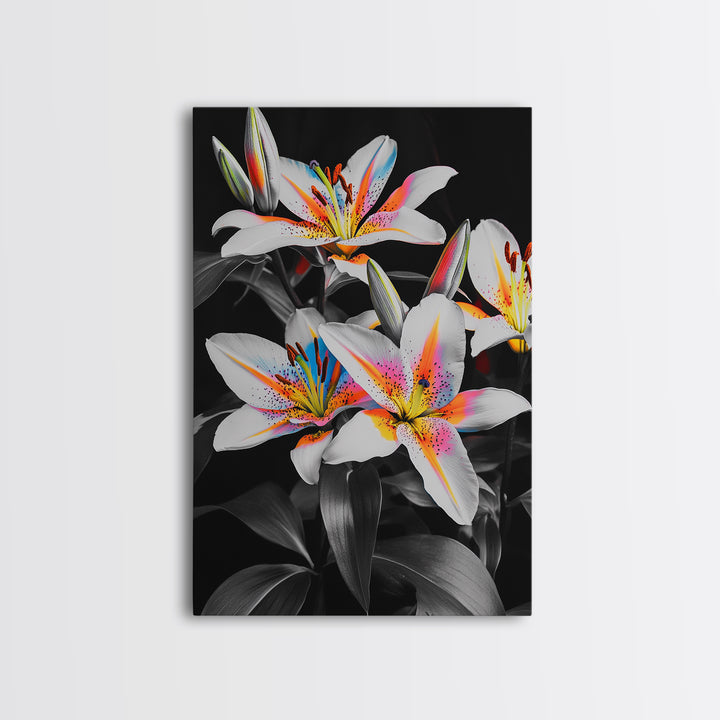 Neon Lily, Floral Bloom, Vibrant Flower, Botanical Framed Canvas Print, Color Pop Wall Art, Bedroom Floral Art, Bold Nature Decor