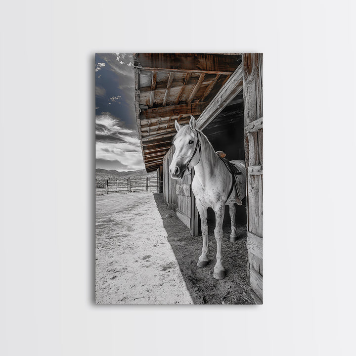 White Horse, Western Ranch, Rustic Stable, Cowboy Framed Canvas Print, Farmhouse Wall Art, Country Living Room Decor, Black White Art