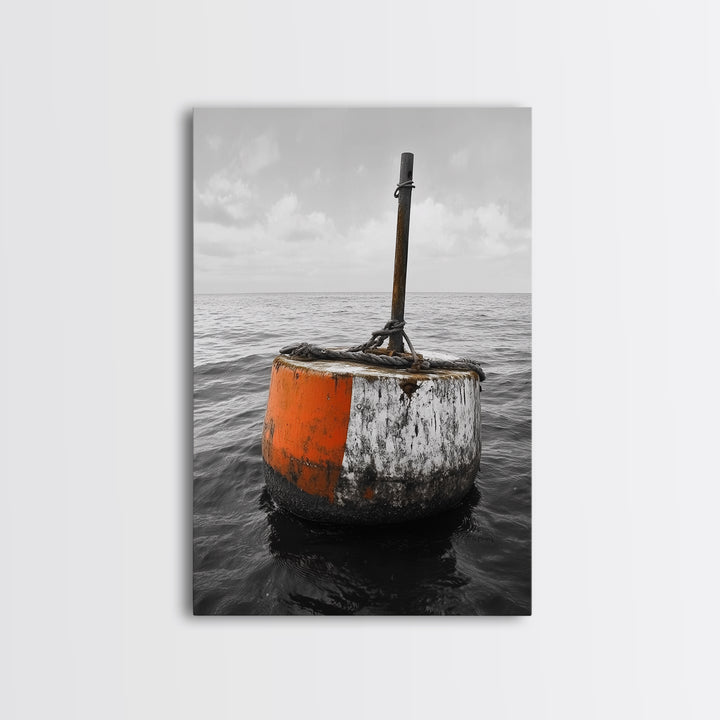 Ocean Buoy Art, Nautical Minimalism, Coastal Wall Decor, Industrial Seascape, Framed Canvas Print, Rustic Ocean Art, Bathroom Wall Art