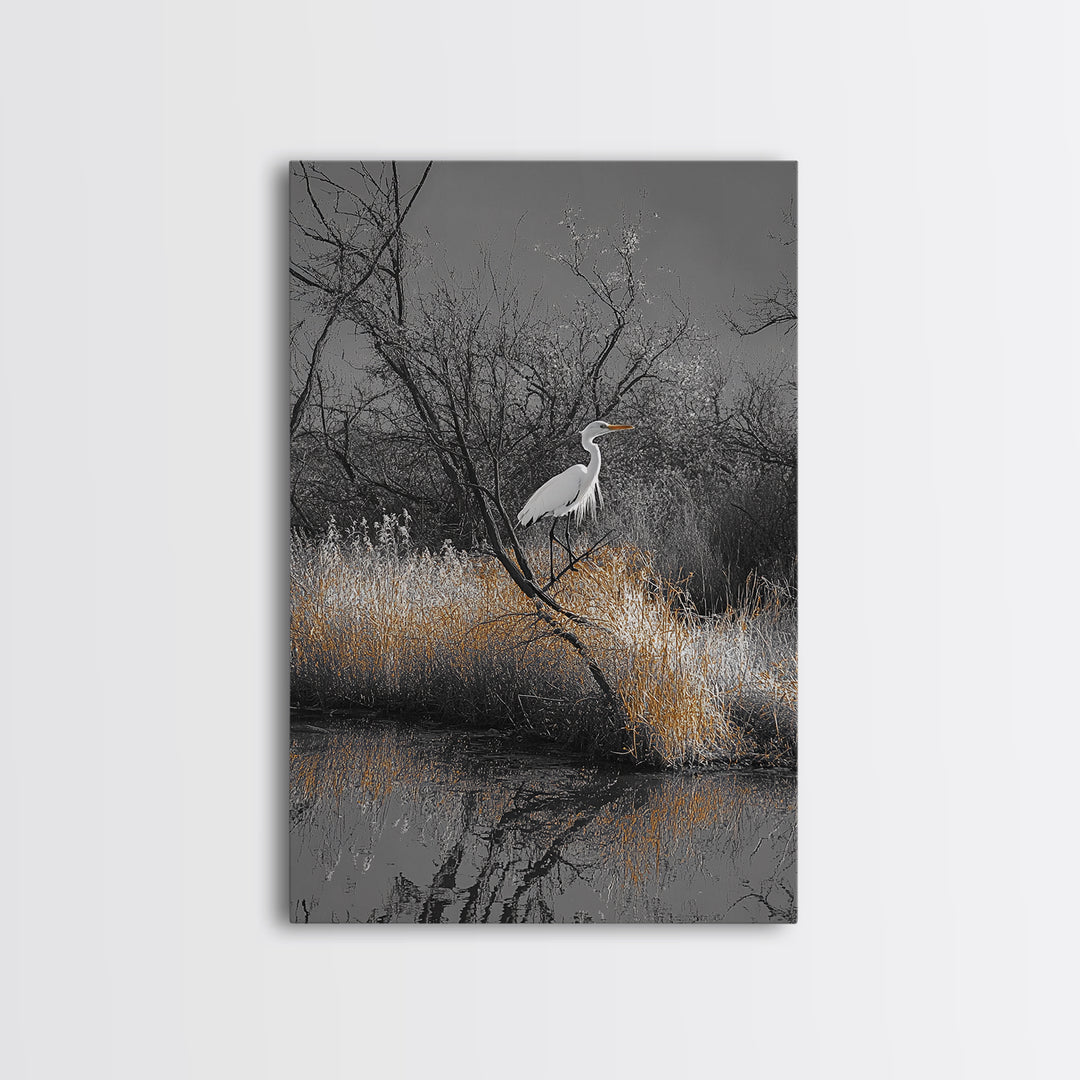Egret Bird Scene, Autumn Riverbank, Wildlife Nature Print, Moody Wetland Landscape, Framed Canvas Print, Rustic Living Room Wall Art