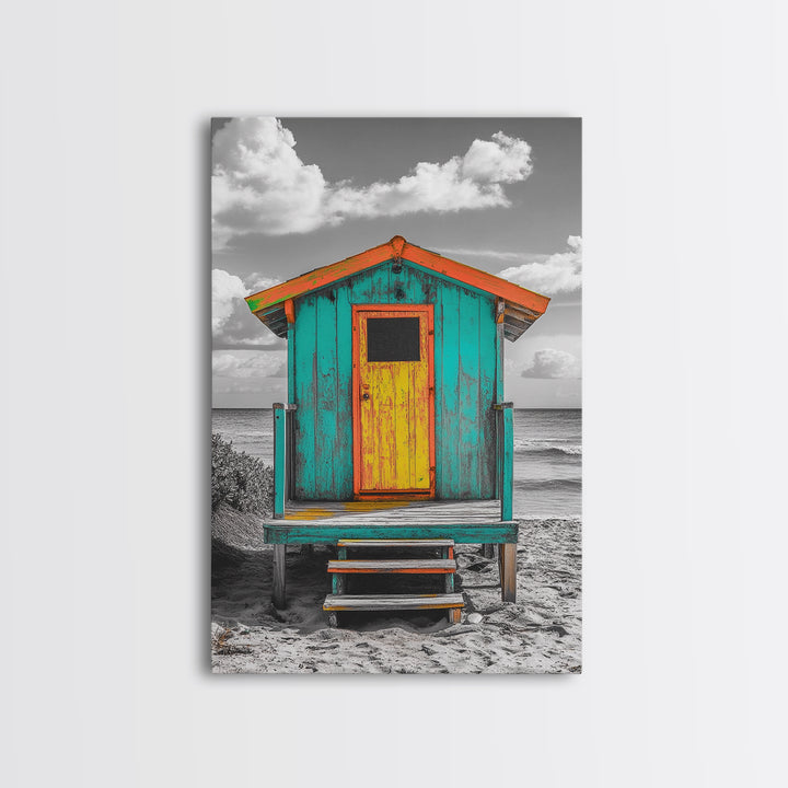 Colorful Beach Hut, Surf Shack, Coastal Cabin, Framed Canvas Print, Tropical Wall Art, Living Room Decor, Bright Summer Home Style
