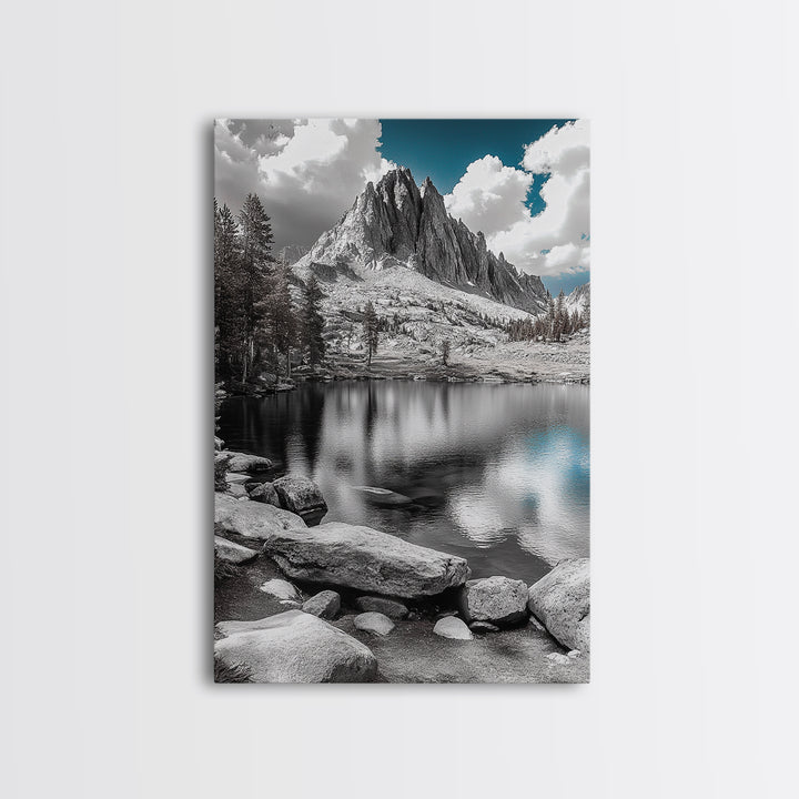 Crystal Lake Peaks, Serene Mountain Reflection, Monochrome Water Scene, Canvas Print, Bedroom Wall Art, Nature Photography Decor