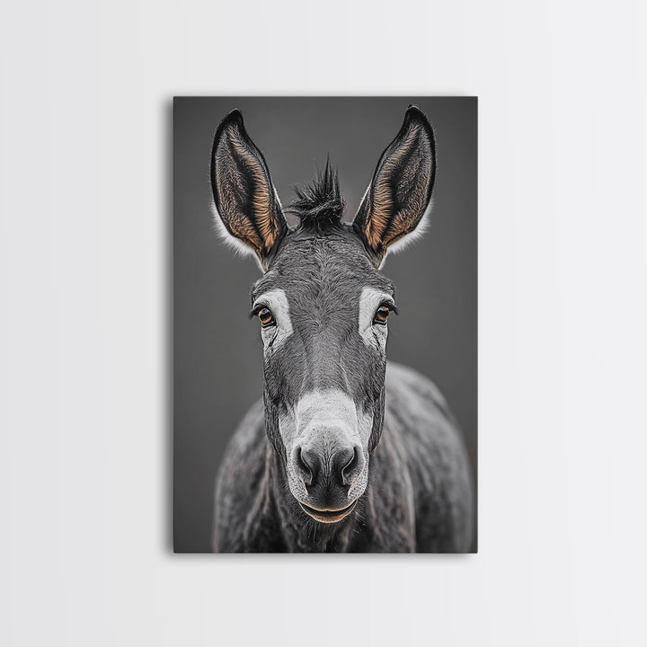 Donkey Close-Up, Rustic Farm Animal, Black and White Portrait, Canvas Print, Farmhouse Kitchen Art, Country Animal Wall Decor