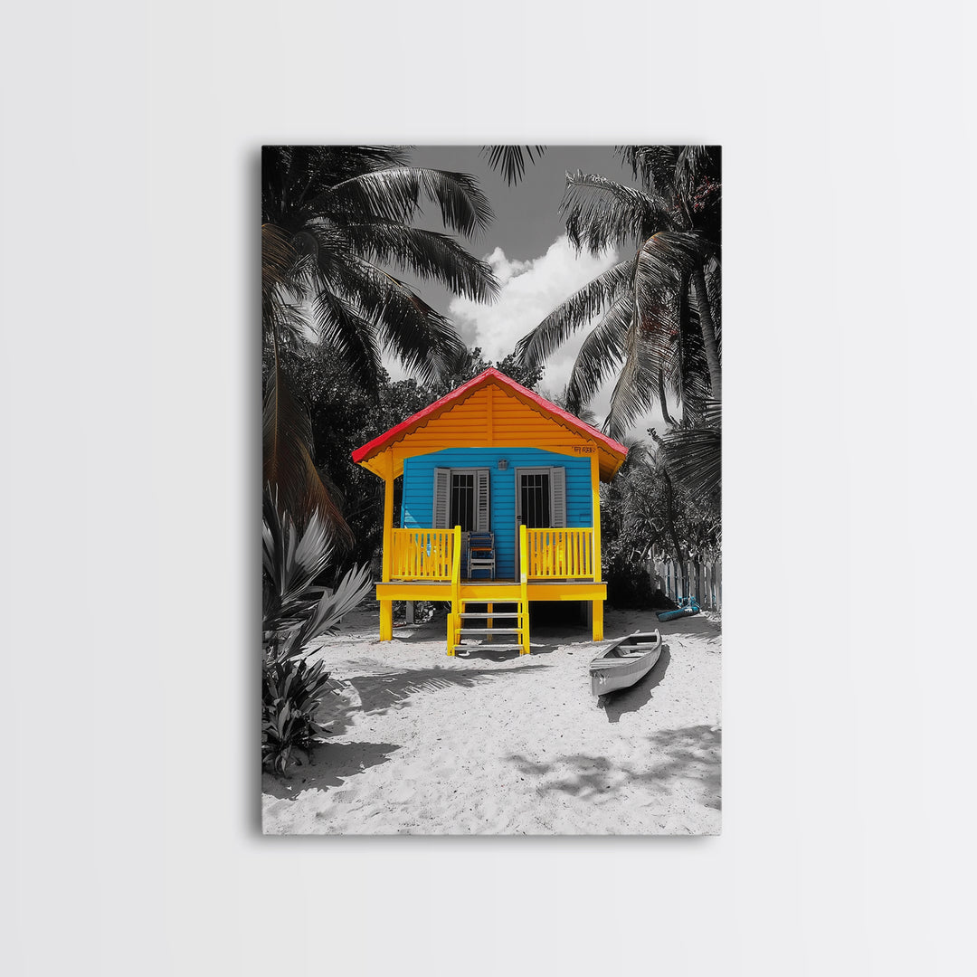 Tropical House, Beach Cabin, Bright Home, Summer Colors, Framed Canvas Print coastal wall decor, boho beach house art, tropical wall art