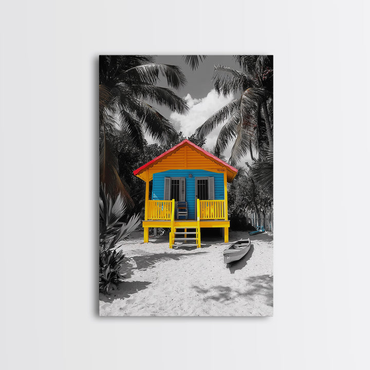 Tropical House, Beach Cabin, Bright Home, Summer Colors, Framed Canvas Print coastal wall decor, boho beach house art, tropical wall art