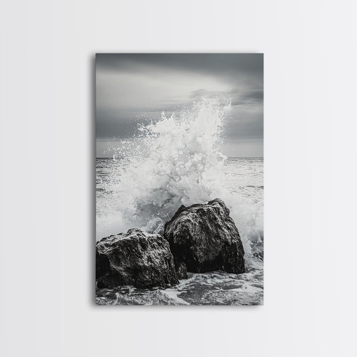Ocean Splash, Rocky Coast, Dramatic Seascape, Monochrome Power, Framed Canvas Print, Coastal Wall Art, Entryway or Office Decor