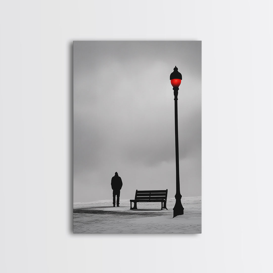 Red Street Lamp, Snowy Walkway, Silhouette Scene, Framed Canvas Print, Moody Wall Art, Minimalist Decor, Winter Vibes, Bedroom Accent