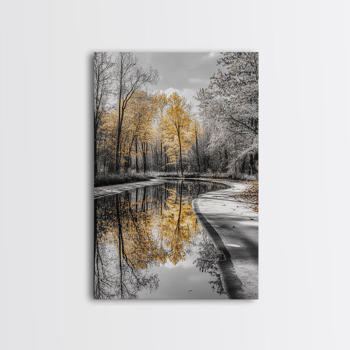 Autumn Trees, Yellow Reflection, Calm River, Nature Path, Framed Canvas Print fall landscape wall art, minimalist forest photography
