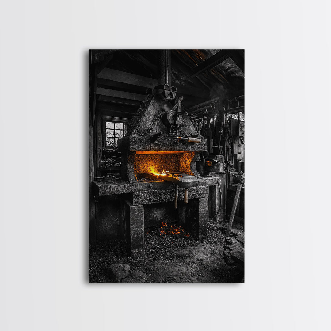 Forge Fire, Rustic Workshop, Industrial Heat, Metal Craft, Framed Canvas Print blacksmith decor, man cave wall art, moody workshop vibe