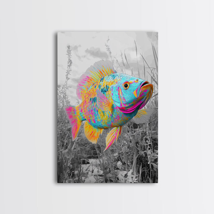 Neon Fish, Color Splash, Bright Animal, Vibrant Water, Framed Canvas Print psychedelic aquatic art, kids room fish wall decor, animal print