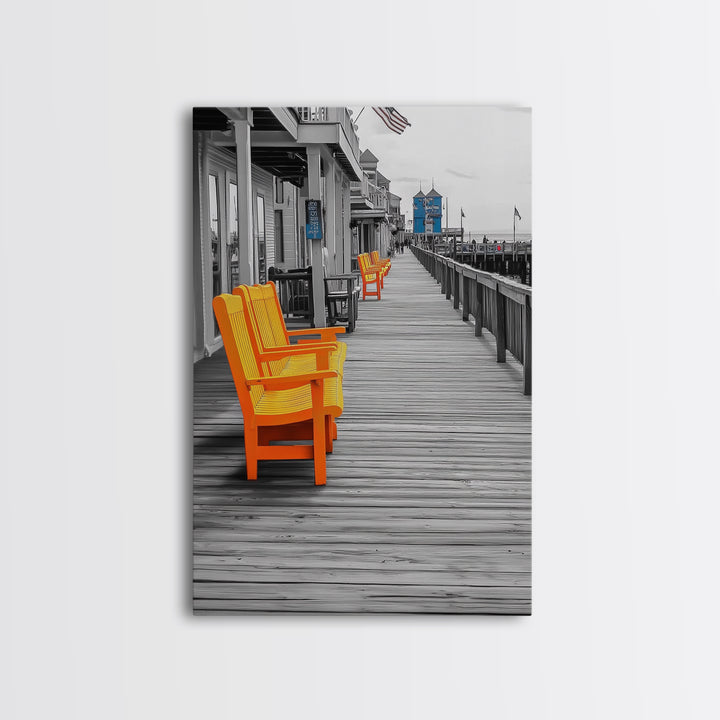 Boardwalk Chairs, Orange Seating, Coastal Town, Wooden Path, Framed Canvas Print beach town photography, nautical home decor, coastal art