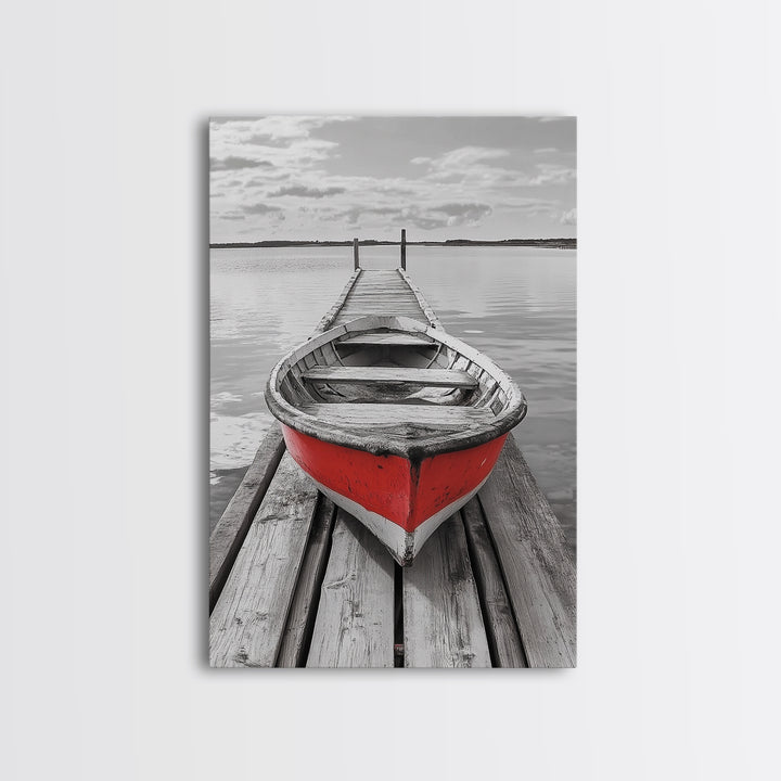 Red Rowboat, Dock Stillness, Minimalist Lake Scene, Canvas Print, Nautical Wall Art, Bathroom Decor, Tranquil Seascape, Coastal Aesthetic