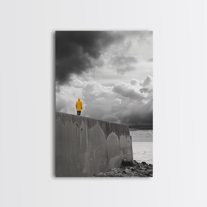 Yellow Raincoat, Ocean Storm, Moody Skies, Framed Canvas Print, Minimalist Wall Art, Coastal Entryway Decor, Contemplative Scene