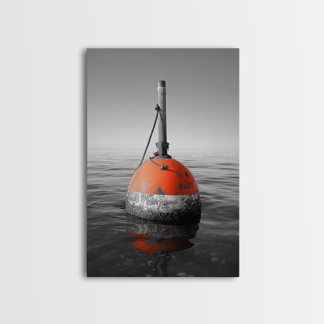 Ocean Buoy, Red Marker, Maritime Minimalism, Canvas Print, Coastal Bathroom Art, Nautical Wall Decor, Marine Industrial Aesthetic