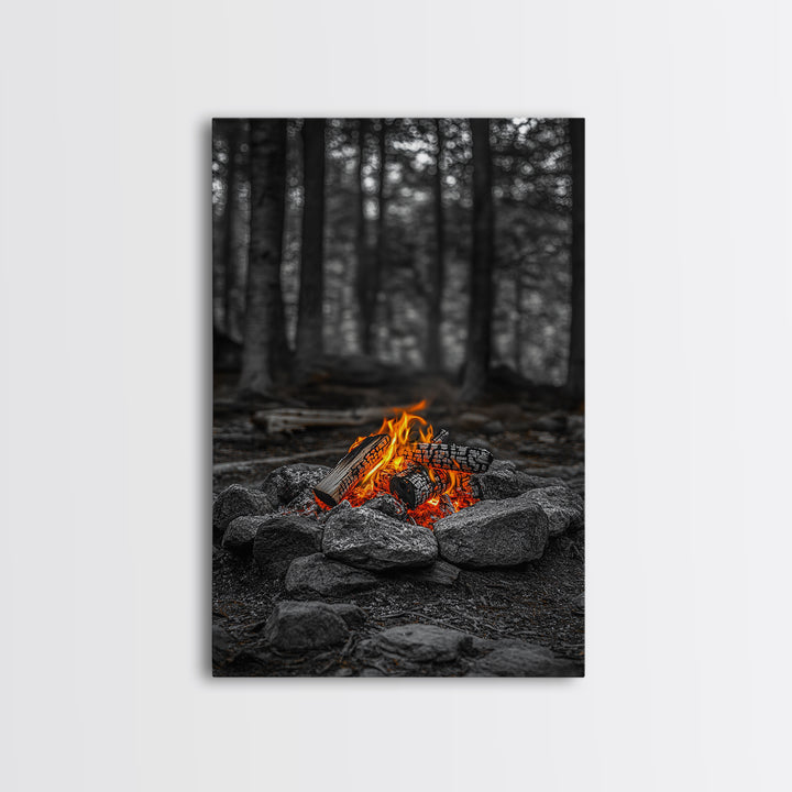 Campfire Glow, Cozy Flames, Autumn Wall Art, Framed Canvas Print, Nature Photography, Rustic Decor, Living Room Cabin Aesthetic