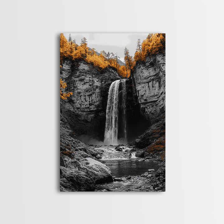 Autumn Waterfall, Forest Stream, Yellow Trees, Canvas Print, Nature Wall Art, Fall Decor, Moody Landscape Art, Living Room Wall Art