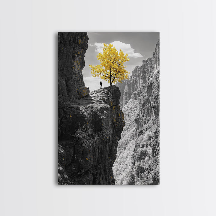 Cliff Tree, Yellow Foliage, Hiker Scene, Framed Canvas Print, Landscape Art, Fall Wall Decor, Adventure Wall Art, Office Statement Piece