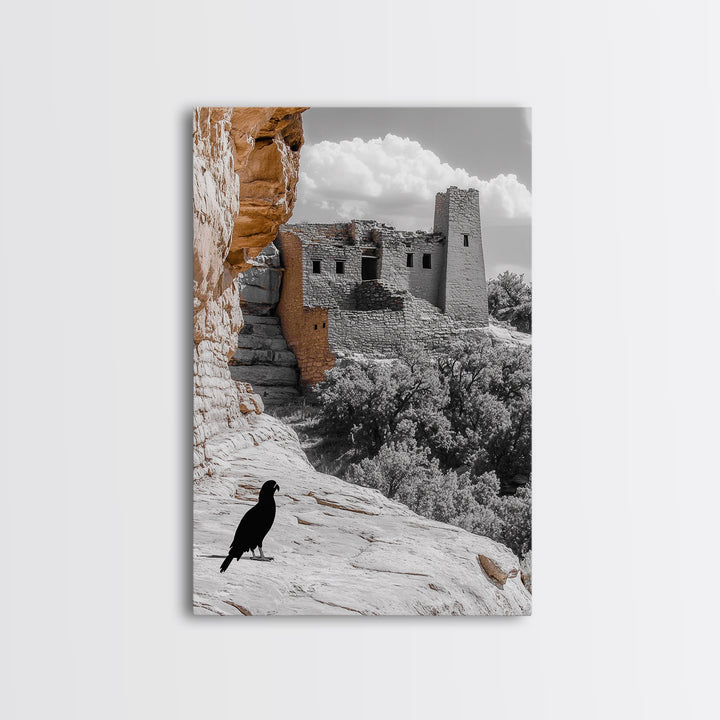 Desert Ruins, Black Bird, Ancient Architecture, Canvas Print, Historical Wall Art, Southwestern Decor, Moody Earth Tones, Living Room Art