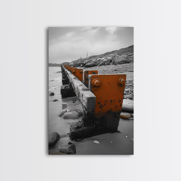 Coastal Breakwater, Rust Texture, Industrial Seascape, Framed Canvas Print, Modern Rustic Wall Art, Ocean Decor, Urban Beach Style