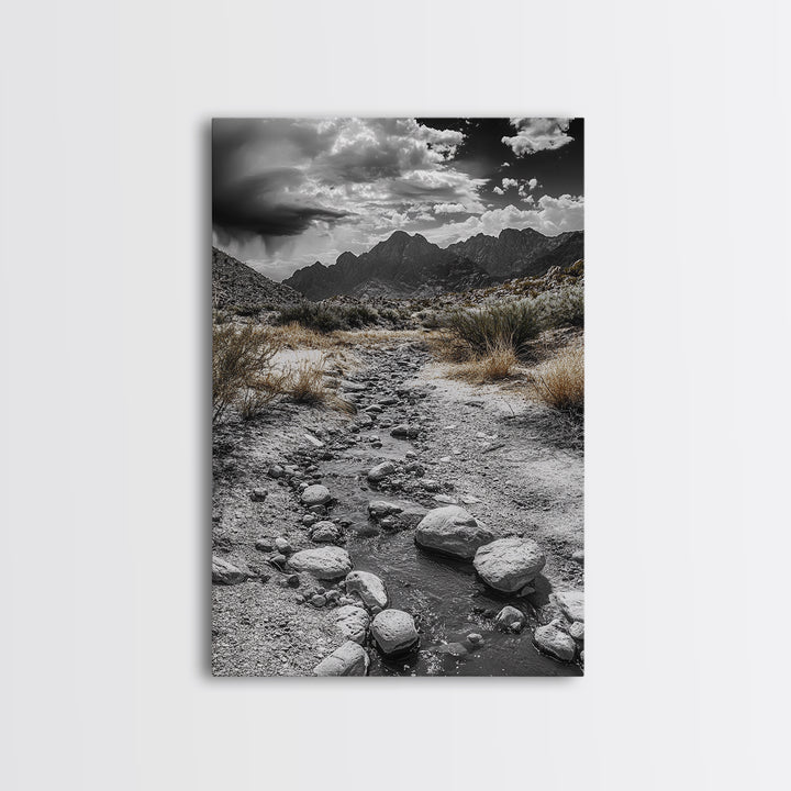 Desert Stream, Rocky Canyon, Moody Sky, Framed Canvas Print, Monochrome Landscape, Minimalist Art, Office or Entryway Decor