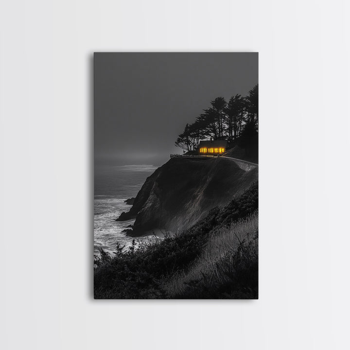 Cabin on Cliff, Moody Coastal Art, Glowing Window, Sunset Seascape, Framed Canvas Print, Minimalist Landscape, Living Room Wall Art