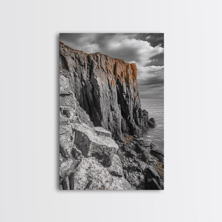 Rugged Cliff Coast, Ocean Rocks, Dramatic Sky, Seaside View, Framed Canvas Print, Coastal Decor, Living Room Wall Art, Earthy Tones