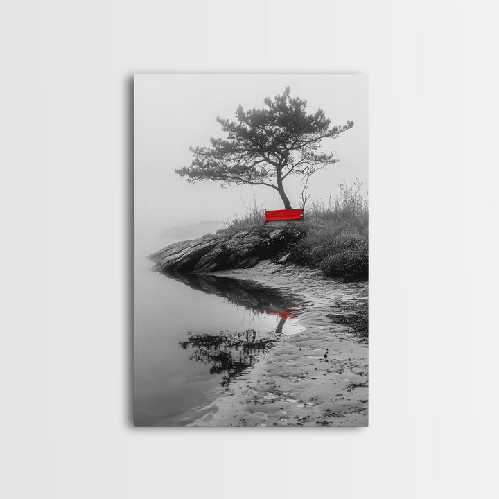 Red Bench, Misty Shore, Solitude Scene, Moody Fog Art, Framed Canvas Print, Minimalist Wall Art, Meditative Decor, Entryway Accent