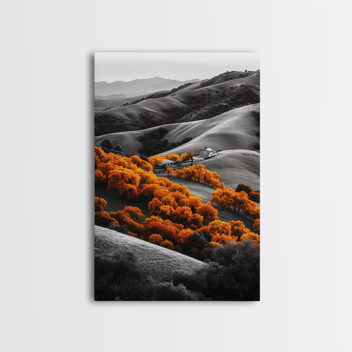 Autumn Hills, Vibrant Trees, Countryside View, Framed Canvas Print, Fall Landscape Art, Farmhouse Decor, Cozy Living Room Accent