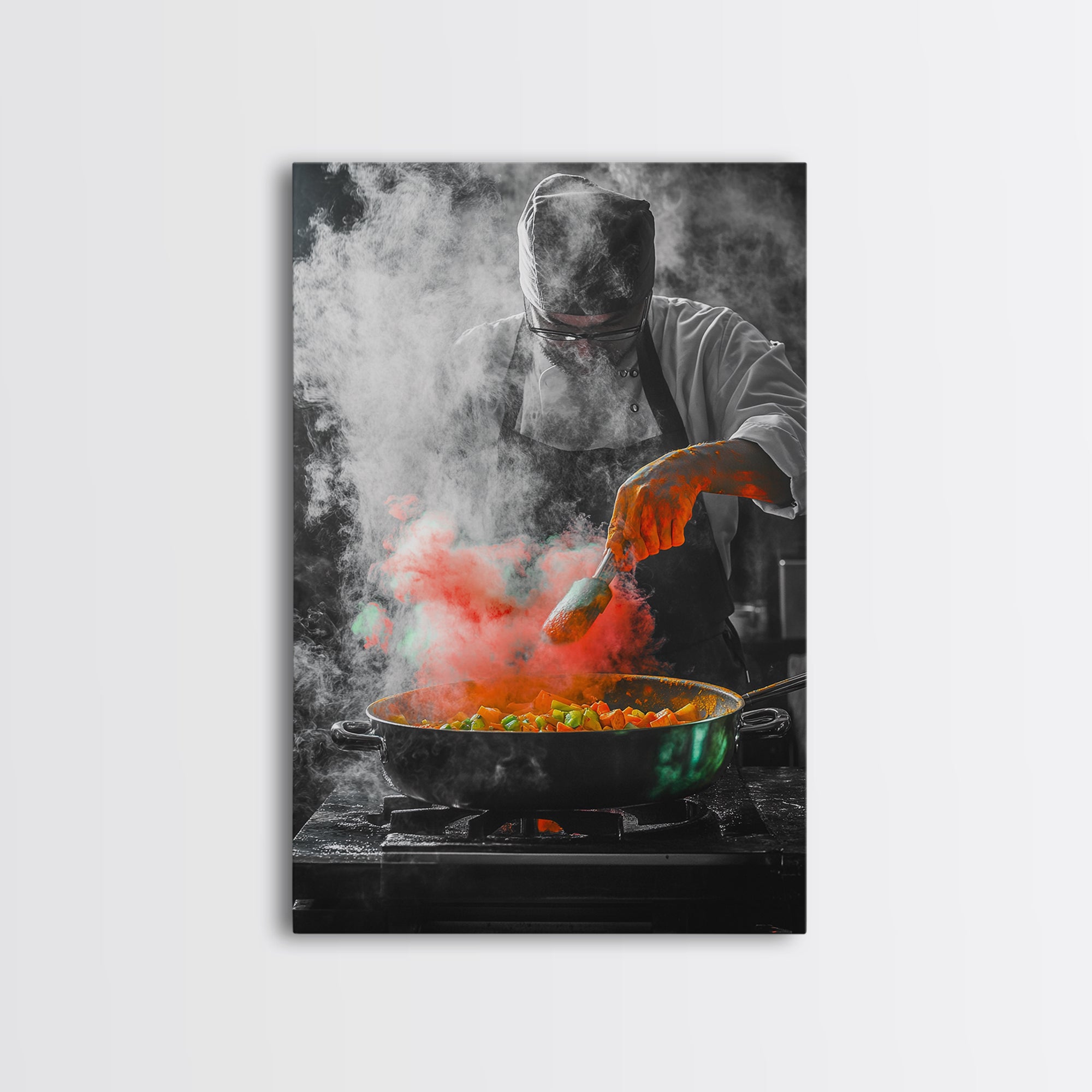 Chef Cooking, Kitchen Smoke, Artistic Culinary Scene, Framed Canvas Pr ...