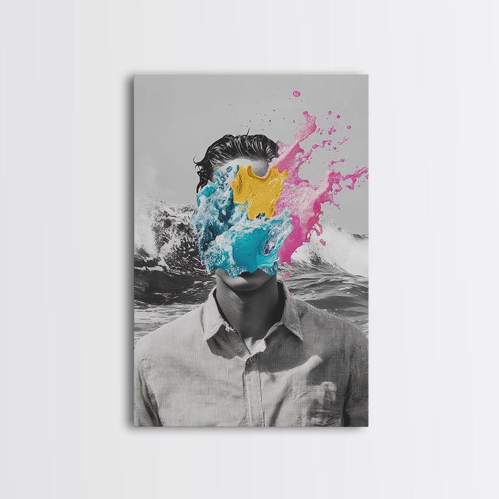 Abstract Portrait, Paint Splash Face, Surreal Ocean Art, Framed Canvas Print, Modern Living Room Art, Pop Surrealism Decor