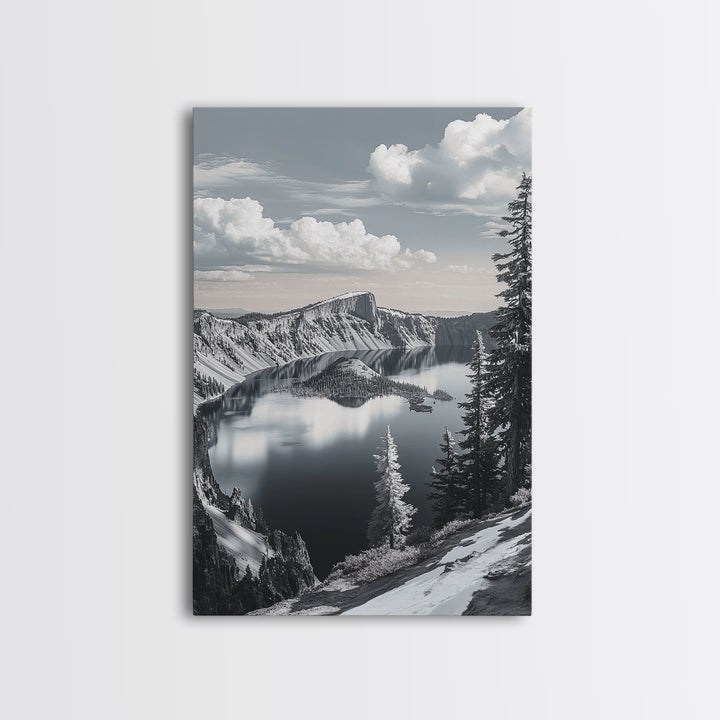 Crater Lake, Snowy Mountains, Scenic Reflection View, Framed Canvas Print, Cabin Wall Art, Winter Landscape Decor, Nature Vibes