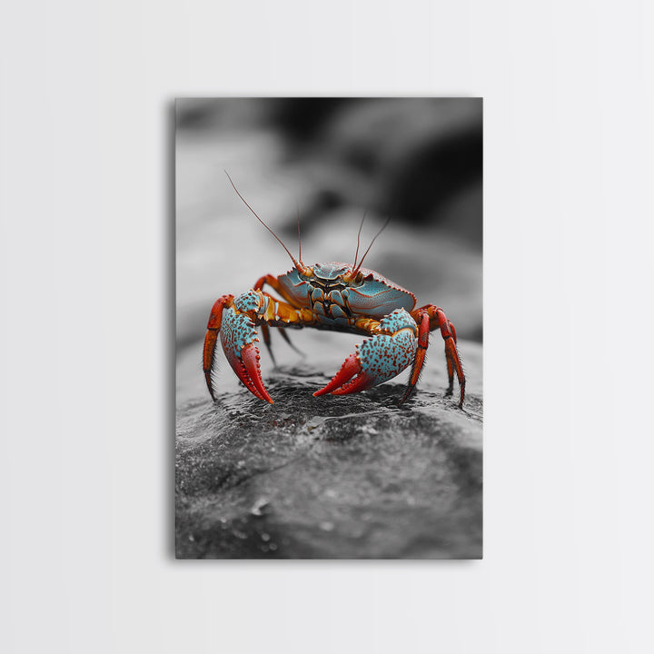 Blue Crab, Vibrant Shell, Coastal Creature Art, Framed Canvas Print, Bathroom Wall Art, Nautical Theme Decor, Ocean Wildlife Art