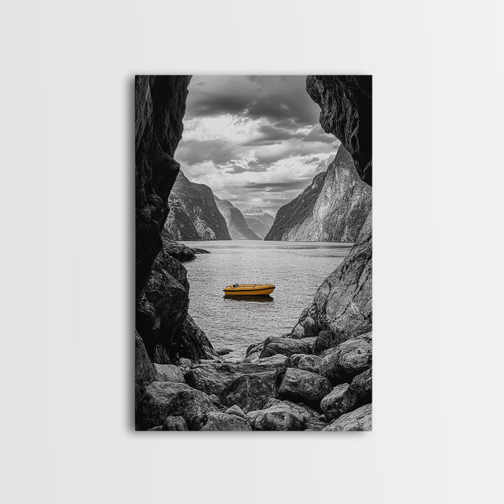 Yellow Boat, Mountain Lake, Serene Fjord Scene, Framed Canvas Print, Minimalist Wall Art, Nature Landscape, Scandinavian Decor