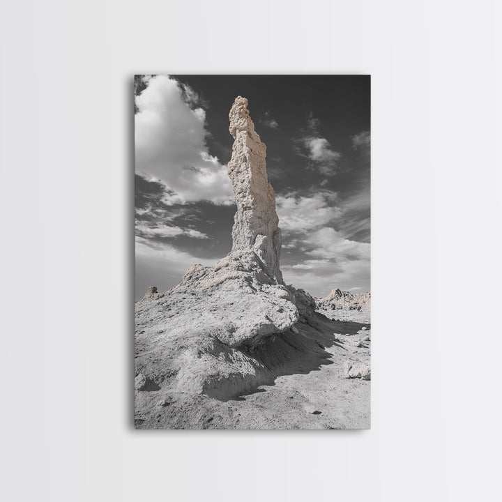 Rock Spire, Desert Monument, Sky Landscape, Framed Canvas Print, Modern Nature Wall Art, Earth Tones Decor, Minimalist Desert Art