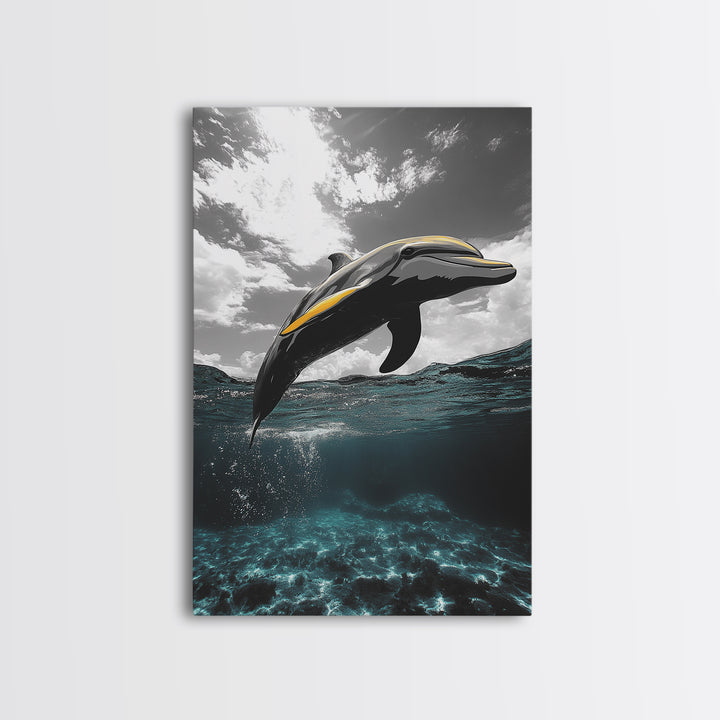 Dolphin Splash, Ocean Wildlife, Underwater Grace, Black White Sea Art, Canvas Print, Bathroom Wall Art, Coastal Decor, Marine Life Style